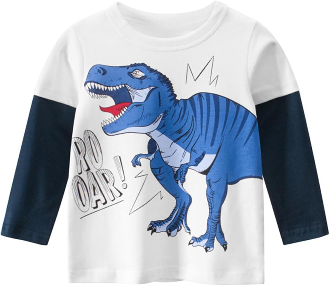 Toddler Boys T-Shirt Long Sleeve Round Neck Tee Top Dinosaur Graphic Shirt Patchwork Colors Undershirt