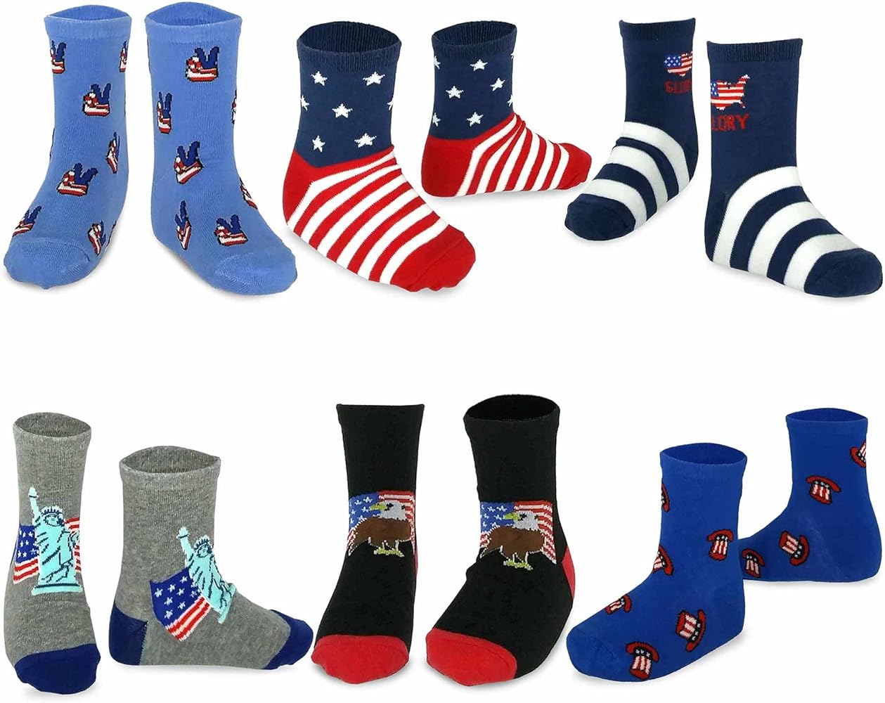 TeeHee Little Boys Fashion Fun Cotton Crew Socks 6 Pair Pack (6-8 Years, Patriotic Socks)