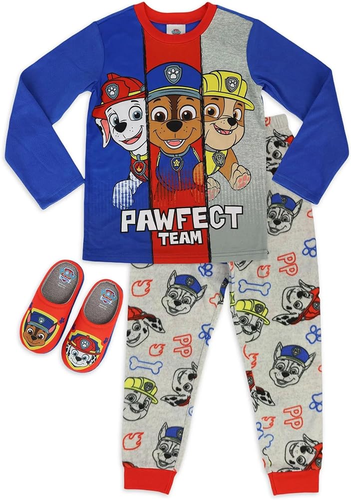 Paw Patrol Little Boys' 2 Piece Fleece Pajama Set with Matching Cozeez Slippers