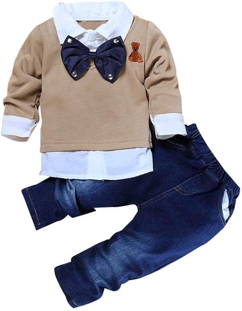 MYGBCPJS 3Pcs Boy Handsome Outfit Set Plaid Shirt + T-Shirt + Suspender Jean Sets