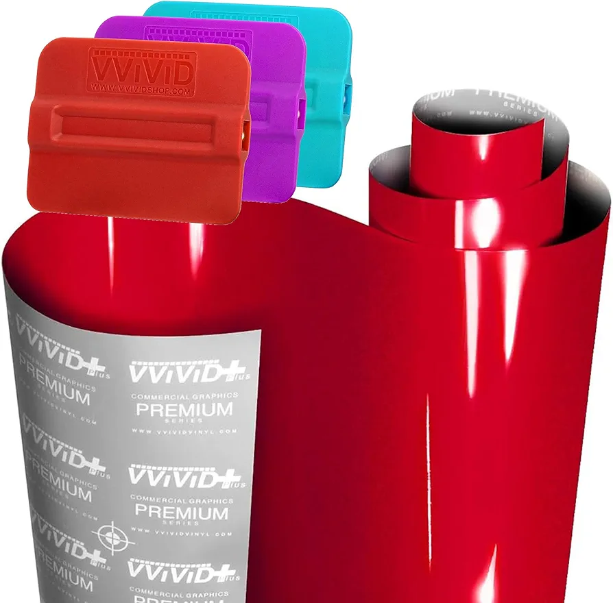 VViViD+ Ultra Gloss (1ft x 54") Candy Red Vinyl Car Wrap + Magnetic Squeegees 3pcs (Soft, Medium and Hard) - M0