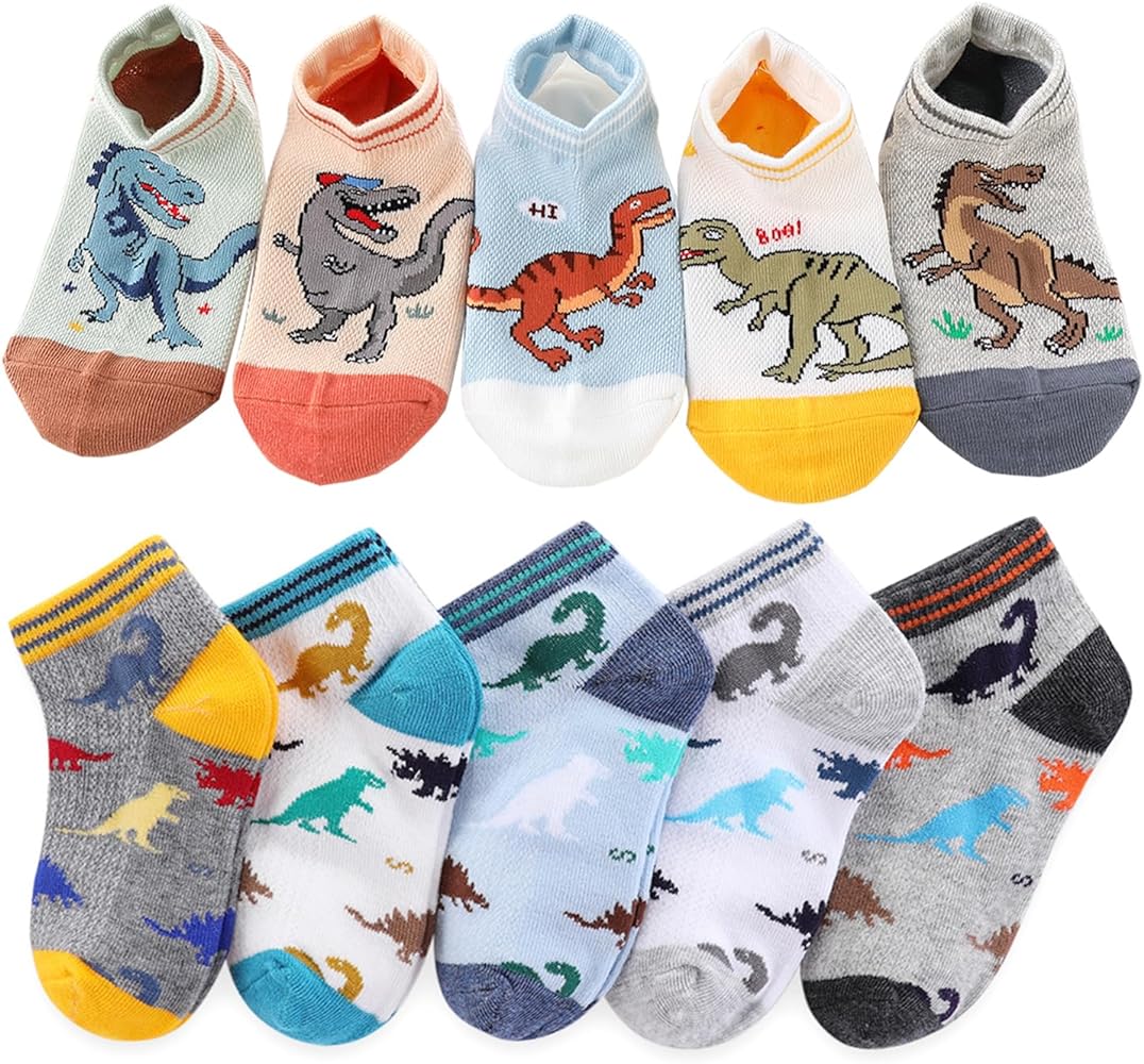 CHUNG Boys Cotton Ankle Socks 5/10 Pack Low Cut Dinosaur Mesh 2-9Y Light Weight Back School Running Sports Casual