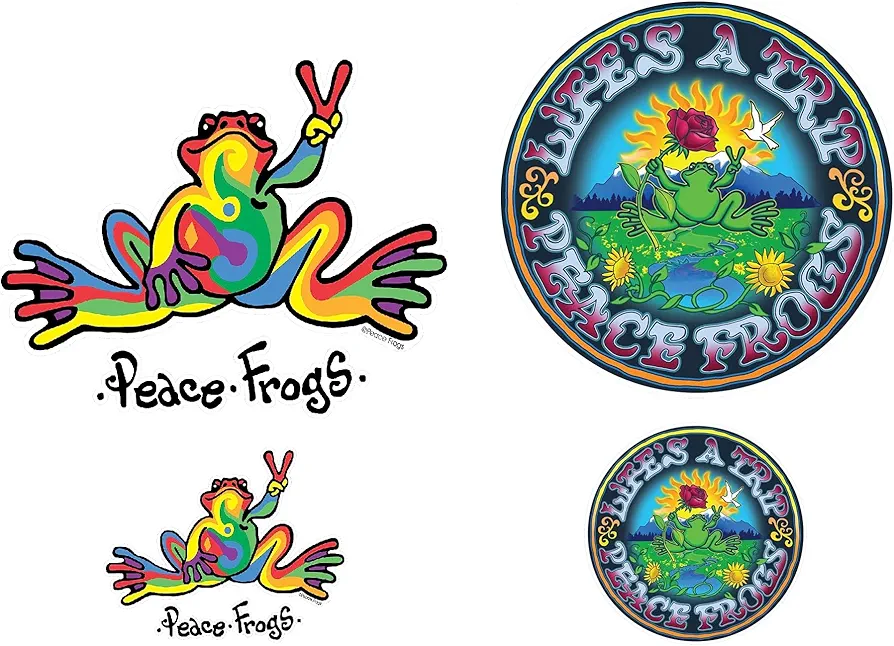 Enjoy It Peace Frogs Multi-Color & Road Tripping Car Stickers Bundle - 4 Pieces, 2 Unique Designs