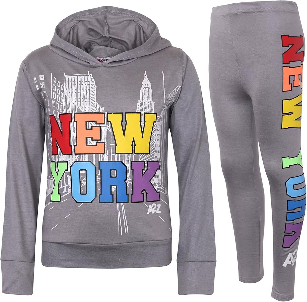 A2Z 4 Kids Steel Grey New York Hooded Set Long Sleeve Hood Top Matching Leggings 2 Piece Summer Outfit Girls 5-13