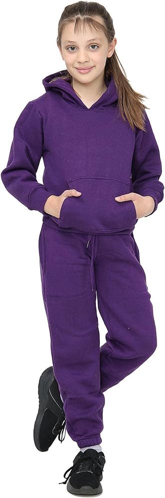 Kids Girls Plain Purple Hooded Hoodie Tracksuit Jogging Suit Joggers 5-13 Years