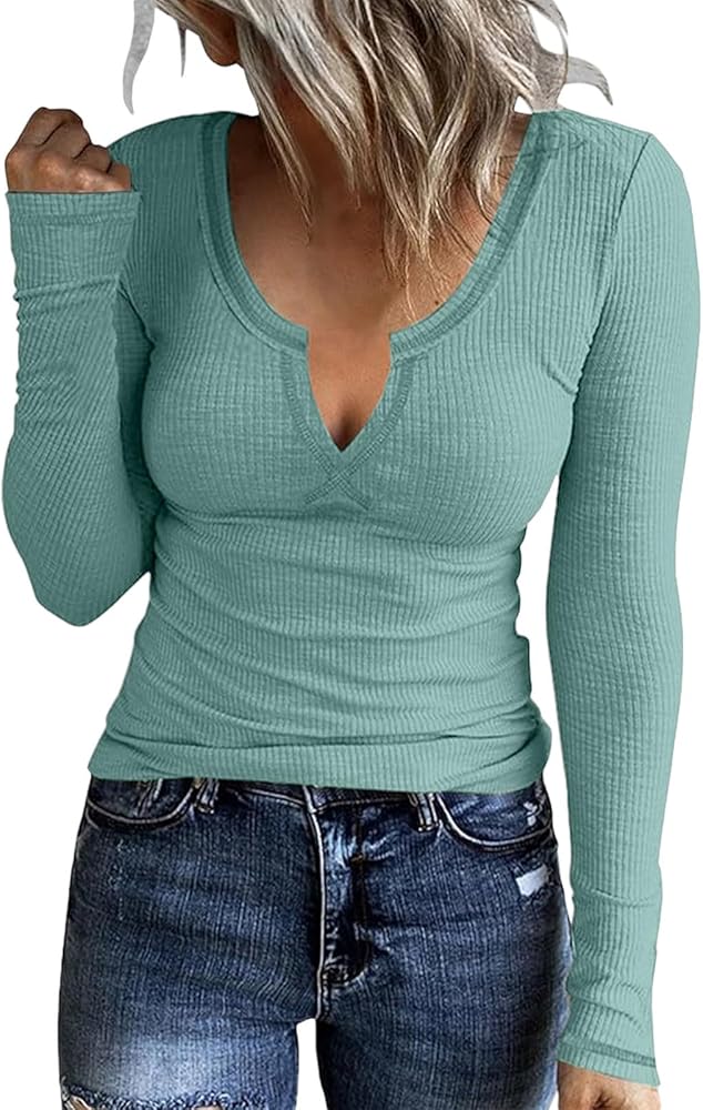 Women's Long Sleeve Henley T Shirts Button Down Slim Fit Tops Scoop Neck Ribbed Knit Shirts