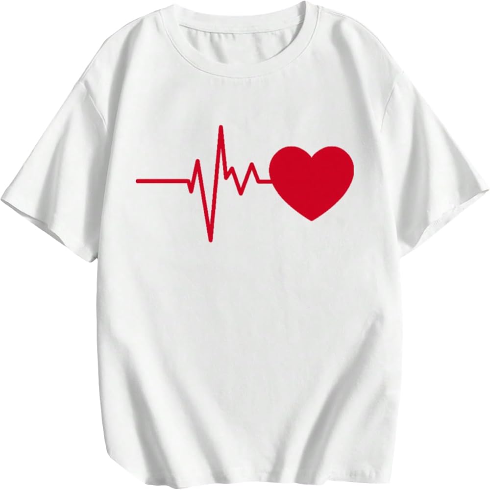 Boy's Casual Heart Graphic Tees Short Sleeve Crewneck Drop Shoulder T Shirt Loose Fit Summer Tops White 11-12Y -CETZQ20240521