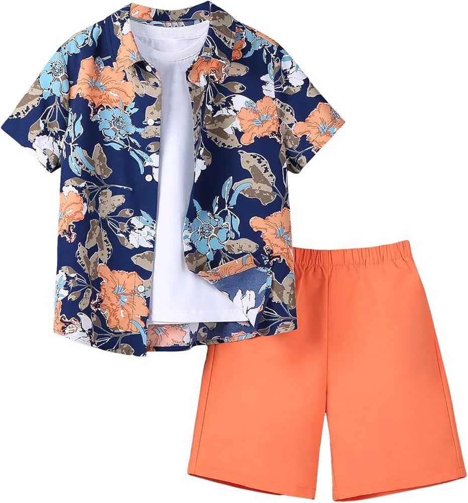 Floerns Boy's 2 Piece Outfit Short Sleeve Boho Shirt Blouse with Shorts Set