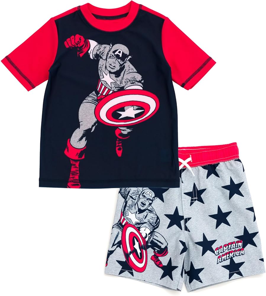 Marvel Spider-Man Avengers Toddler Boys UPF 50+ Rash Guard and Swim Trunks Outfit Set Toddler to Big Kid