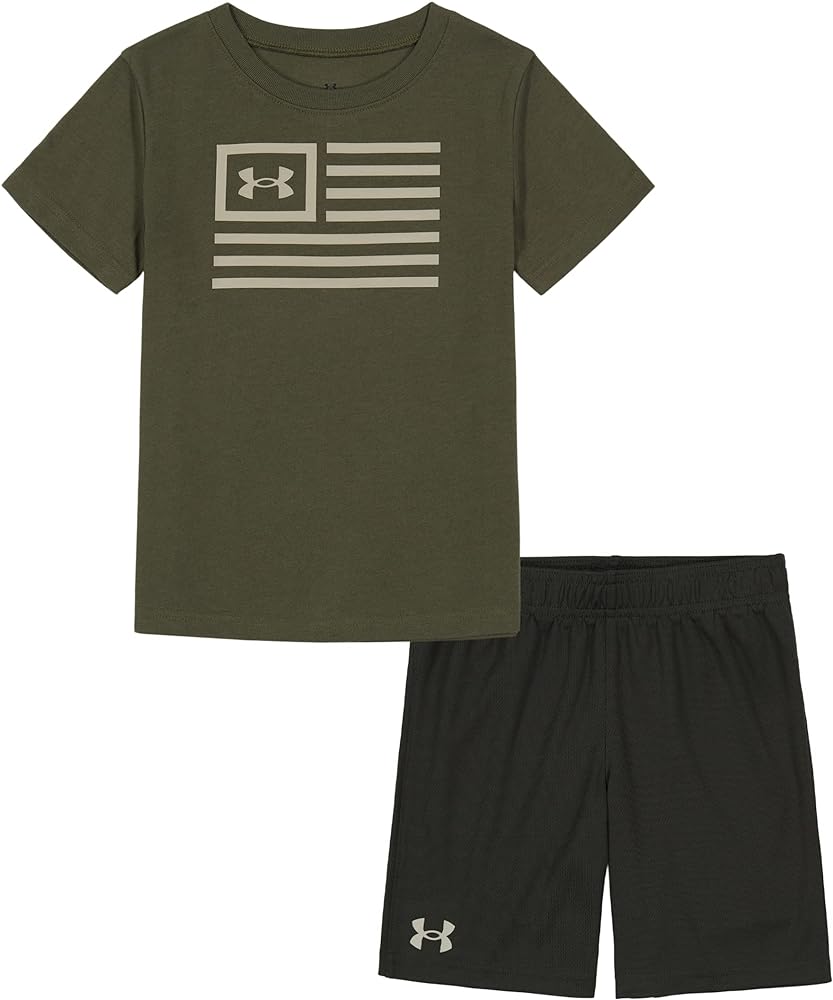 Under Armour Boys Outdoor Set, Cohesive Pants & Top Tshirt And Short Set, Marine Od Green Banner, 4 US