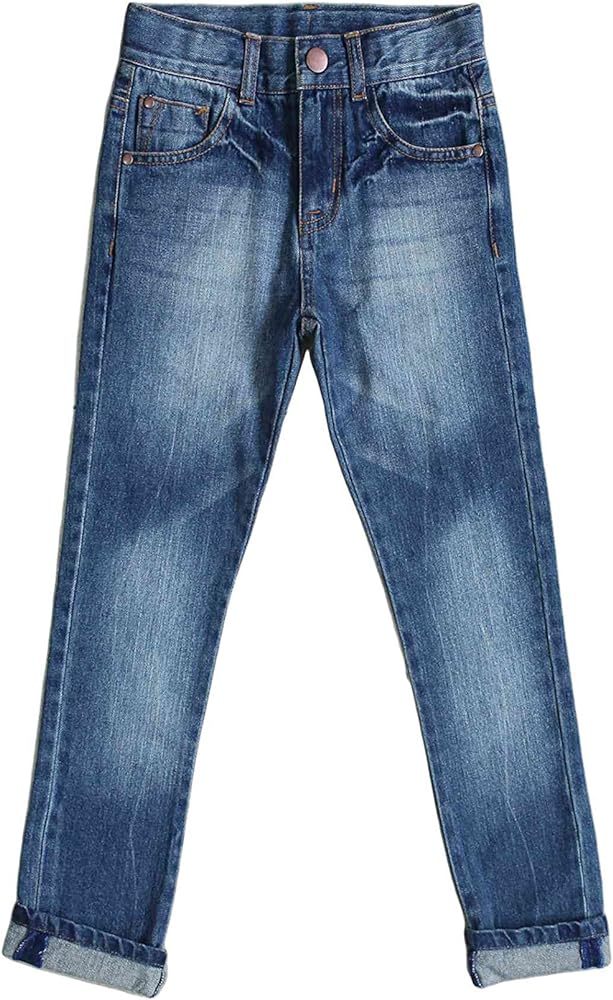 Bienzoe Boys Adjustable Waist Jeans: Cowboy Low Waist Ripped Cotton Straight Slim Denim Pant