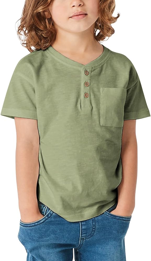 GAMISOTE Kids Boys Henley Shirts Solid Button Down Short Sleeve Pocket Casual Tops Tees