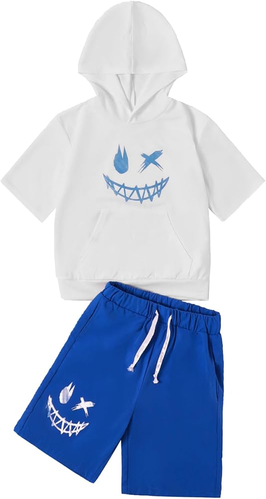 OYOANGLE Boy's 2 Piece Outfits Tracksuit Print Short Sleeve Tee Hooded Top and Shorts Set