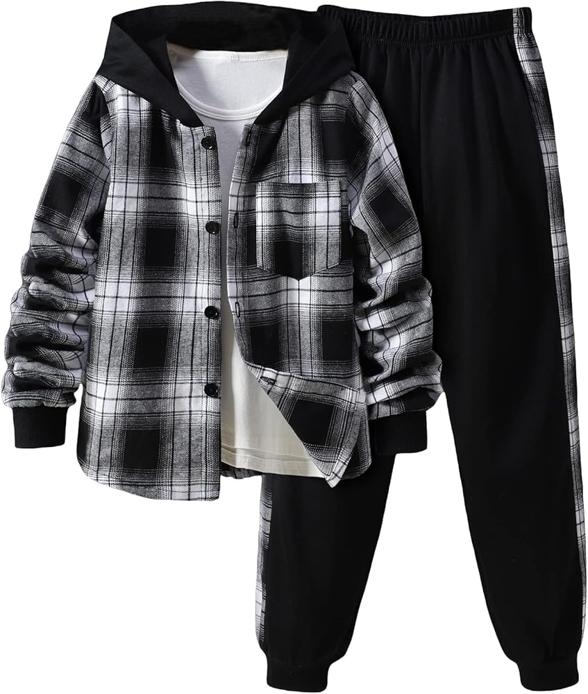 WDIRARA Boy's 2 Piece Outfit Plaid Button Front Long Sleeve Hoodie and Sweatpants Set Black and White 9Y