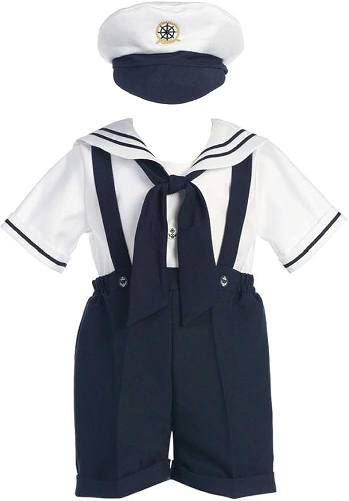 White Sailor Top w/Navy Shorts and Suspenders