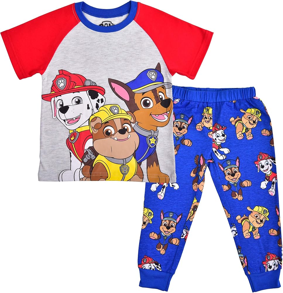 Paw Patrol Nickelodeon Marshall, Rubble, and Chase Boys’ T-Shirt and Jogger Set for Toddler and Little Kids – Blue/Grey/Red