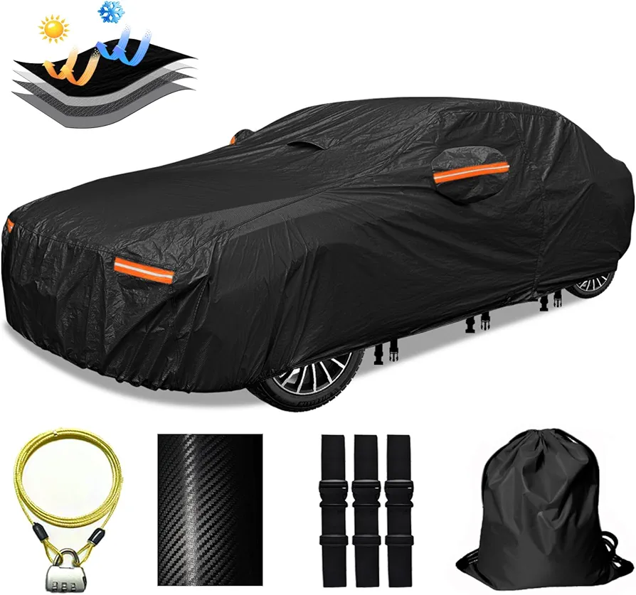 30 Layers Car Cover for Automobiles All Weather Waterproof, Outdoor Snowproof UV Protection Windproof, Door Zipper, Soft Cotton, Heavy Duty Universal Car Covers, (Black, Fit Sedans 181"-190")