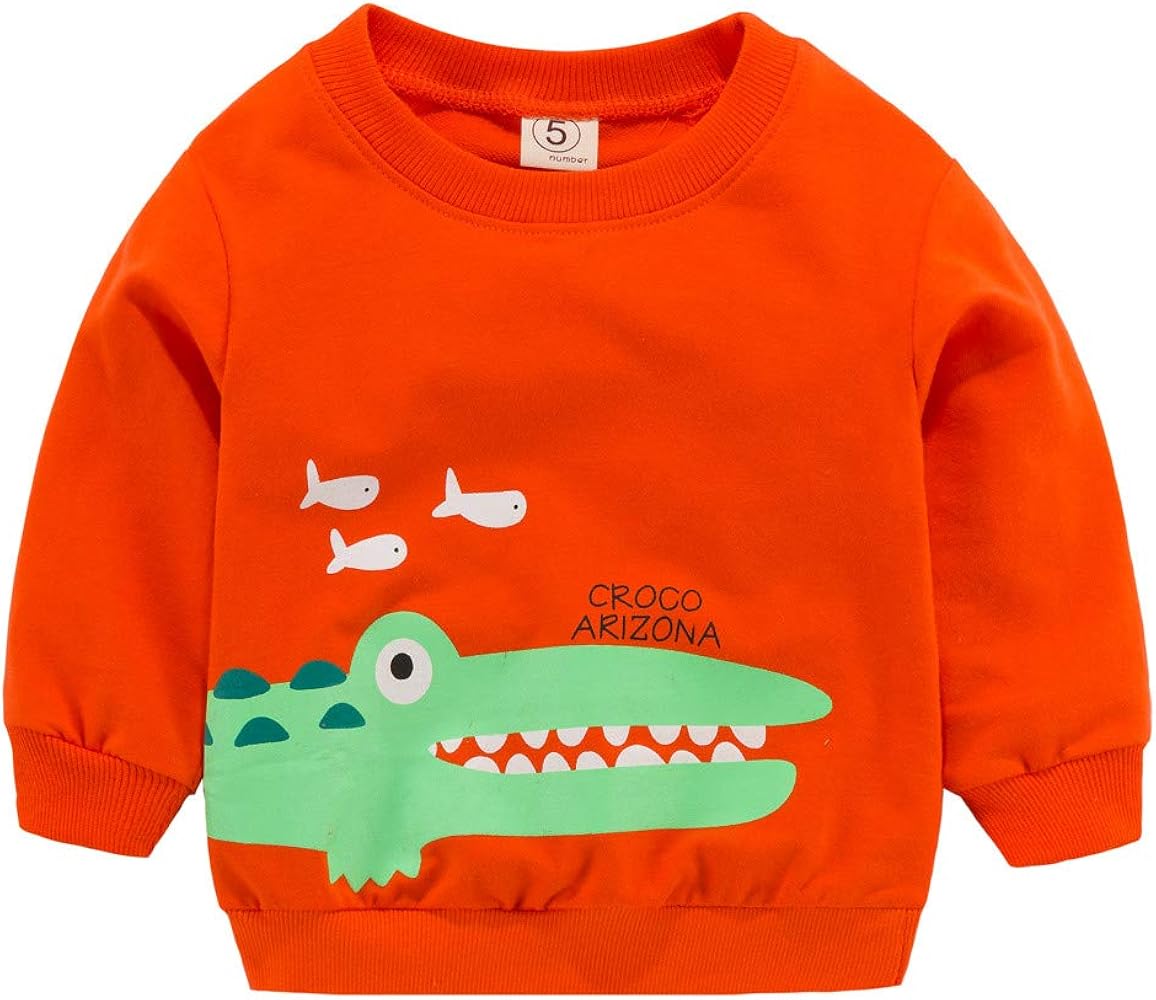 Boys Long Sleeve Shirts Toddler T Shirts Cotton Kids Crewneck Tops Graphic Tee Printed (Orange, 12-18 Months)