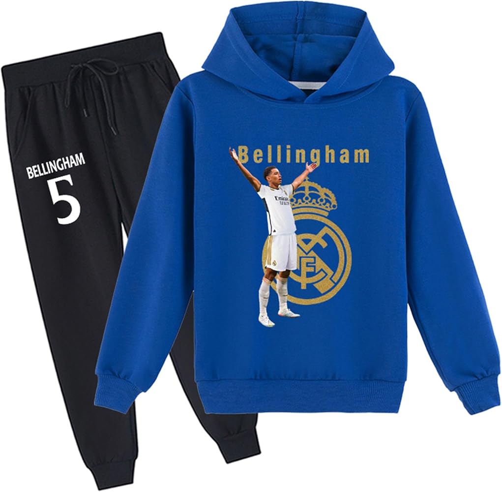 PaPama Kids Jude Bellingham Hoodie Set,Graphic Long Sleeve Pullover Tops with Jogger Pants Real Madrid CF Sweatsuit for Boys