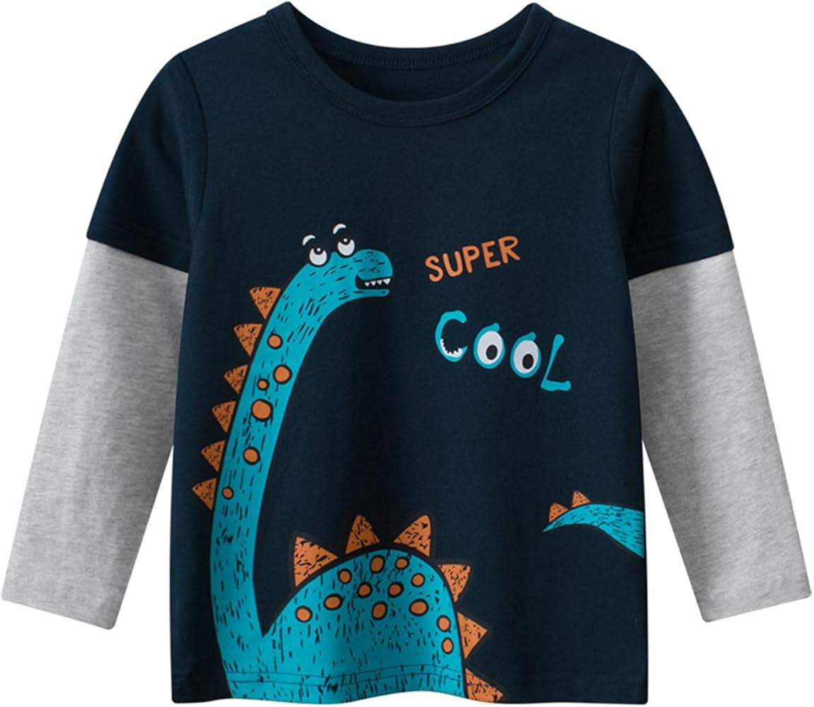 Boys Basic T-Shirt Long Sleeve Crew Neck Color Blocking Cartoon Printed Shirts Casual Soft Kids' Tee Top