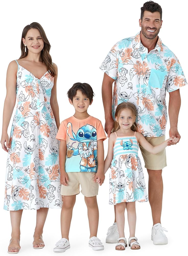 Disney Stitch Matching Family Outfits Mommy and Me Cami Dress Hawaiin Summer Casual Sundress and Botton Down Shirts Set Blue