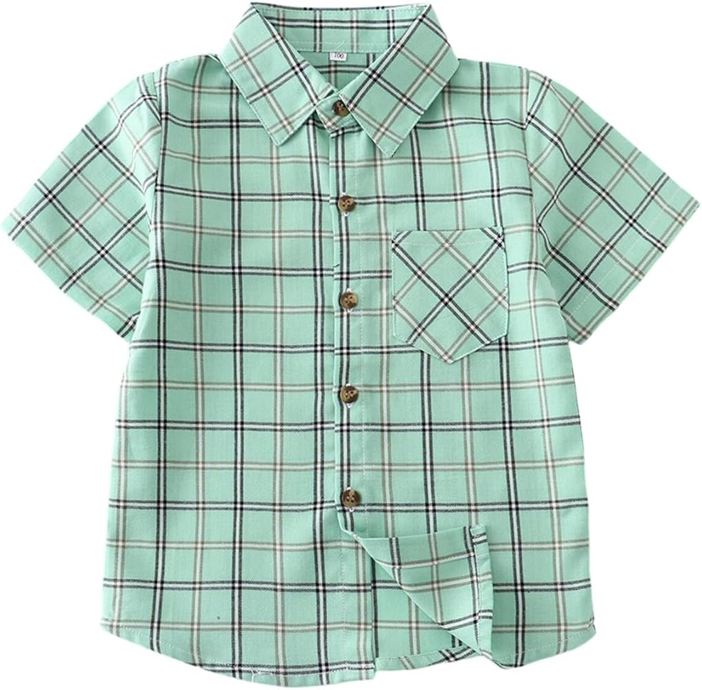 Boys Button Down Short Sleeve Shirts Toddler Buffalo Plaid Shirt with Pocket School Uniform Dress Shirt