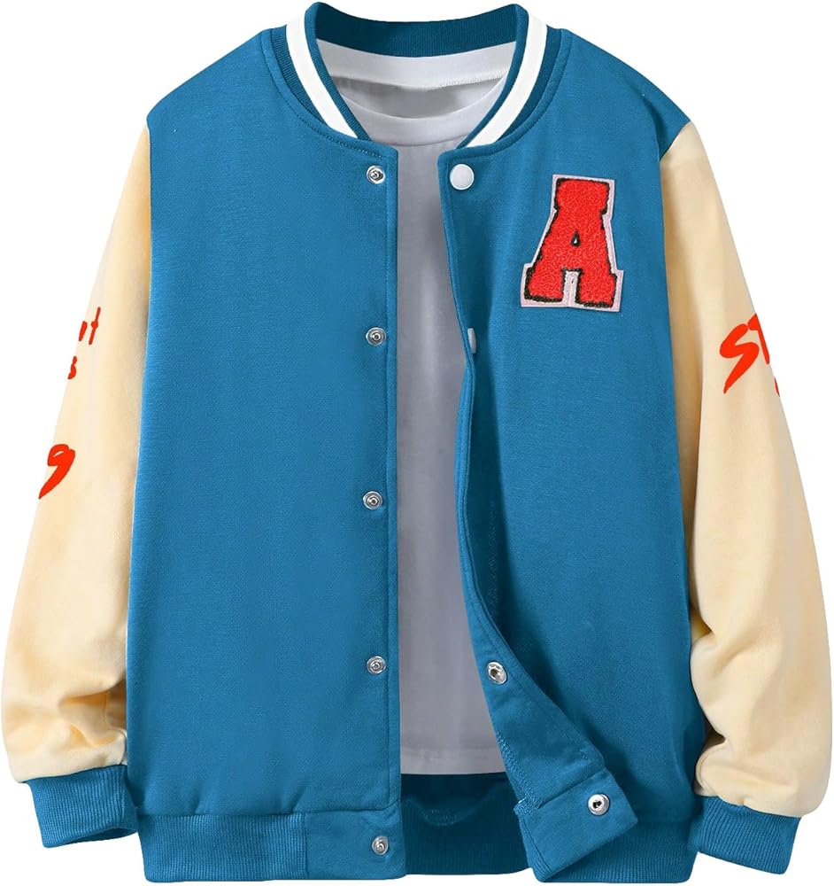 WDIRARA Boy's Color Block Letter Graphic Print Button Front Varsity Bomber Jacket