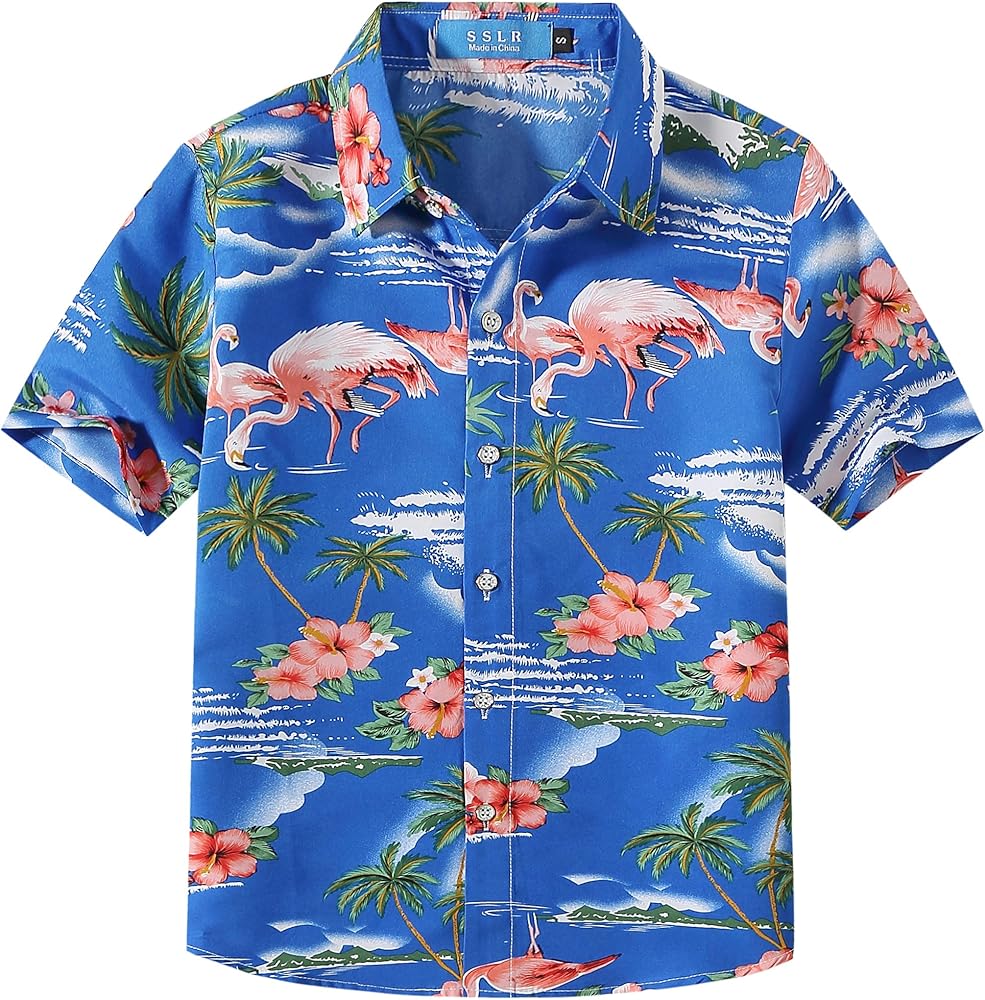 SSLR Big Boys Hawaiian Shirt, Kids Hawaiian Shirt, Flamingos Shirt Short Sleeve Luau Shirt for Kids