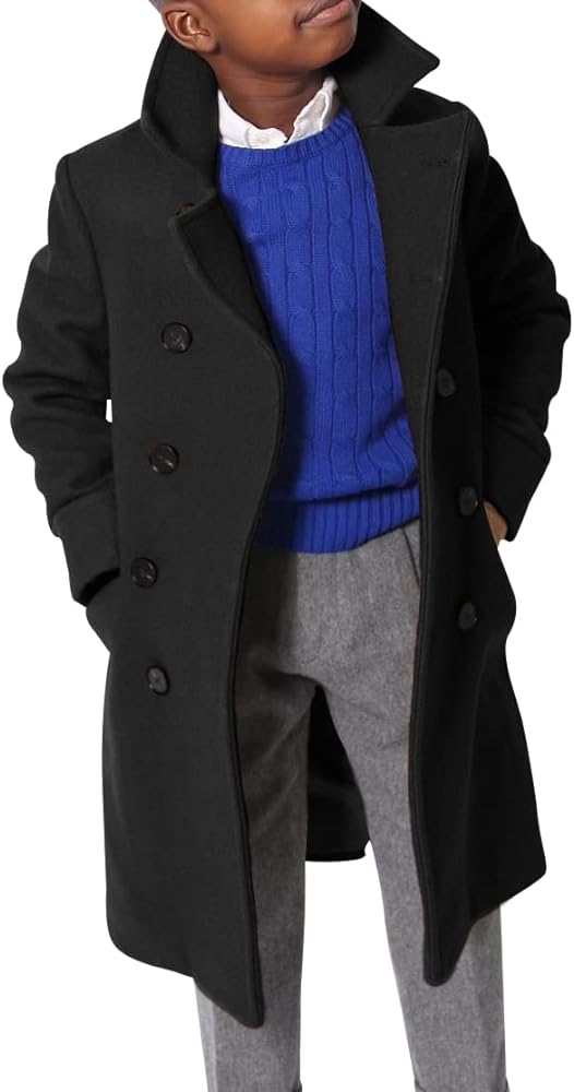 Ebifin Boys Notch Lapel Double Breasted Long Trench Coat Casual Classic Peacoat