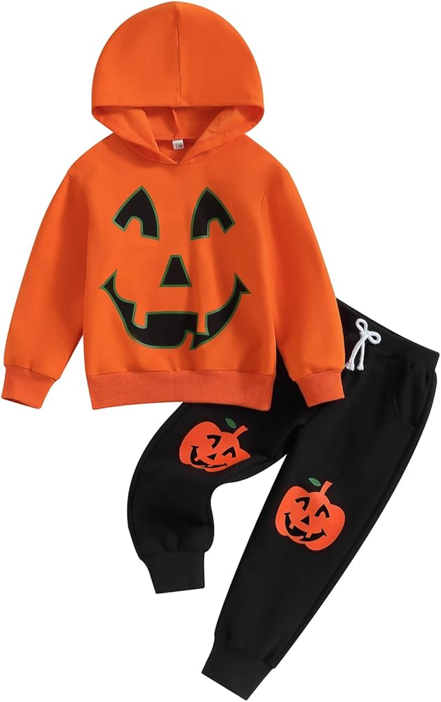 Kids Halloween Outfit Two Piece Pant Set Pumpkin/Skeleton Print Long Sleeve Hood Sweatshirt Long Pants 2Pcs Set