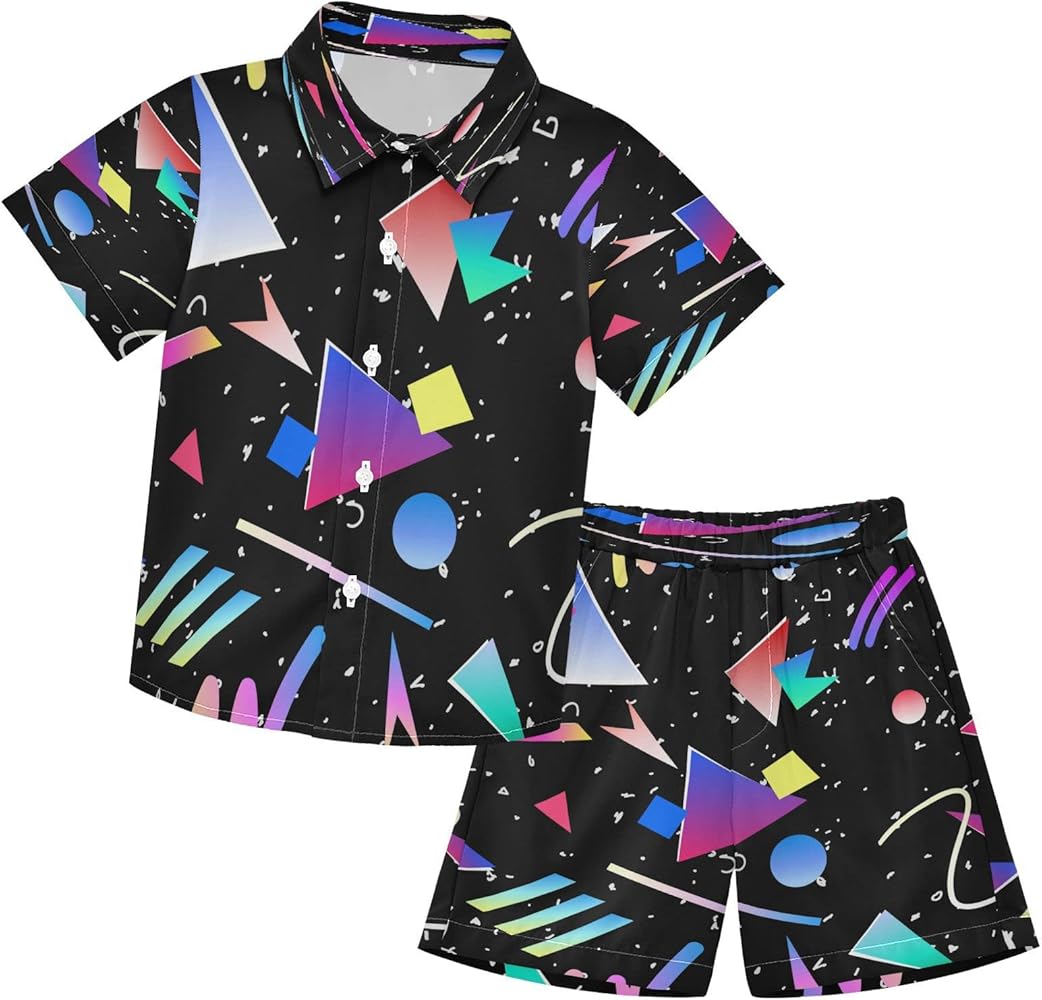 Retro 80s 90s Memphis Boy Summer Shorts Sets Geometric Hip Hop Style Hawaiian Toddler Boys T-Shirt & Pants 2 Pcs 3T