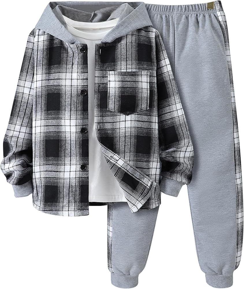 Little Boys Two Pieces Outfit Kids Plaid Color Front Button Down Hoodie Sweatshirt and Jogger Sweatpants Sets