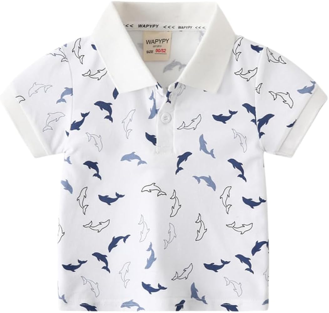 Toddler Baby Summer Boys Polo T Shirt Collared Cartoon Print Button Polo Shirt Top Casual Sport Tee Kid Shark