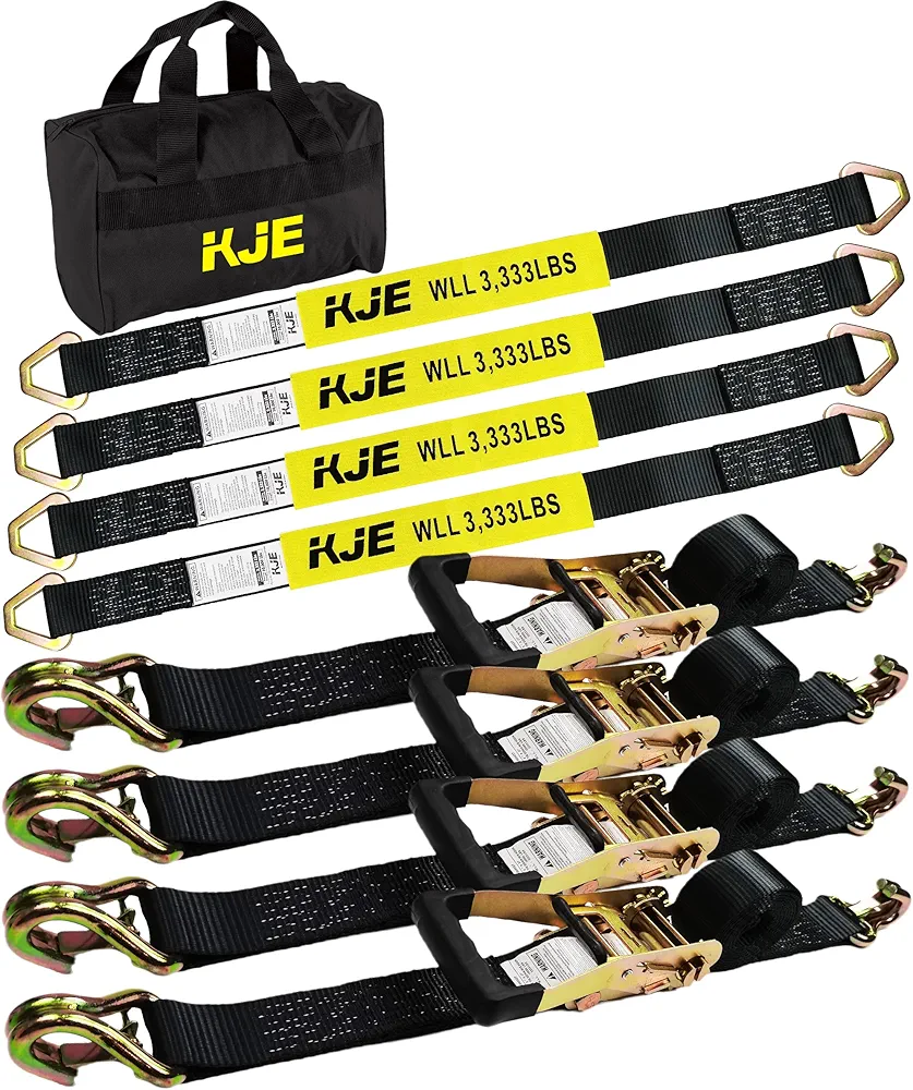 KJE Heavy Duty Car Trailer Tie Down Straps 4 Pack Kit - 2" x 8' Ratchet Straps + J-Hooks with Clip, 2" x 36'' Axle Straps - 10,000lbs Break Strength - Use for Car, Truck, UTV Transport