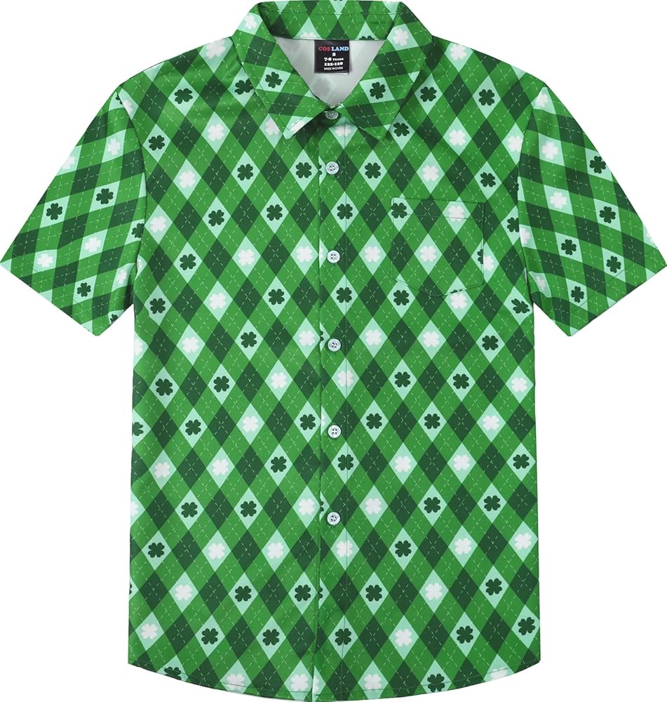 COSLAND Boys' St. Patrick's Day Button Down Shirt Kids' Shamrock Plaid Top, X-Small-Large