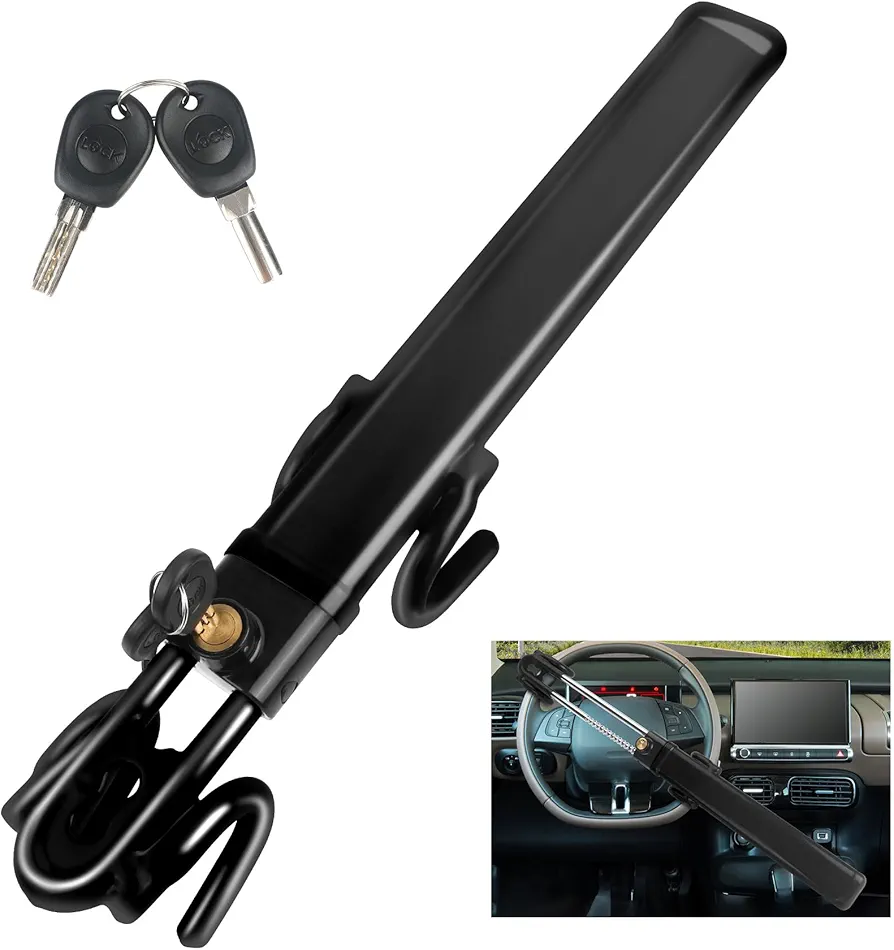 Steering Wheel Lock Anti Theft Car Device Steering Wheel Lock Anti-Theft Device Adjustable Length Clamp Double Row Atom Keys Steering Lock Car Steering Wheel Lock Heavy Duty Secure Device(Black)