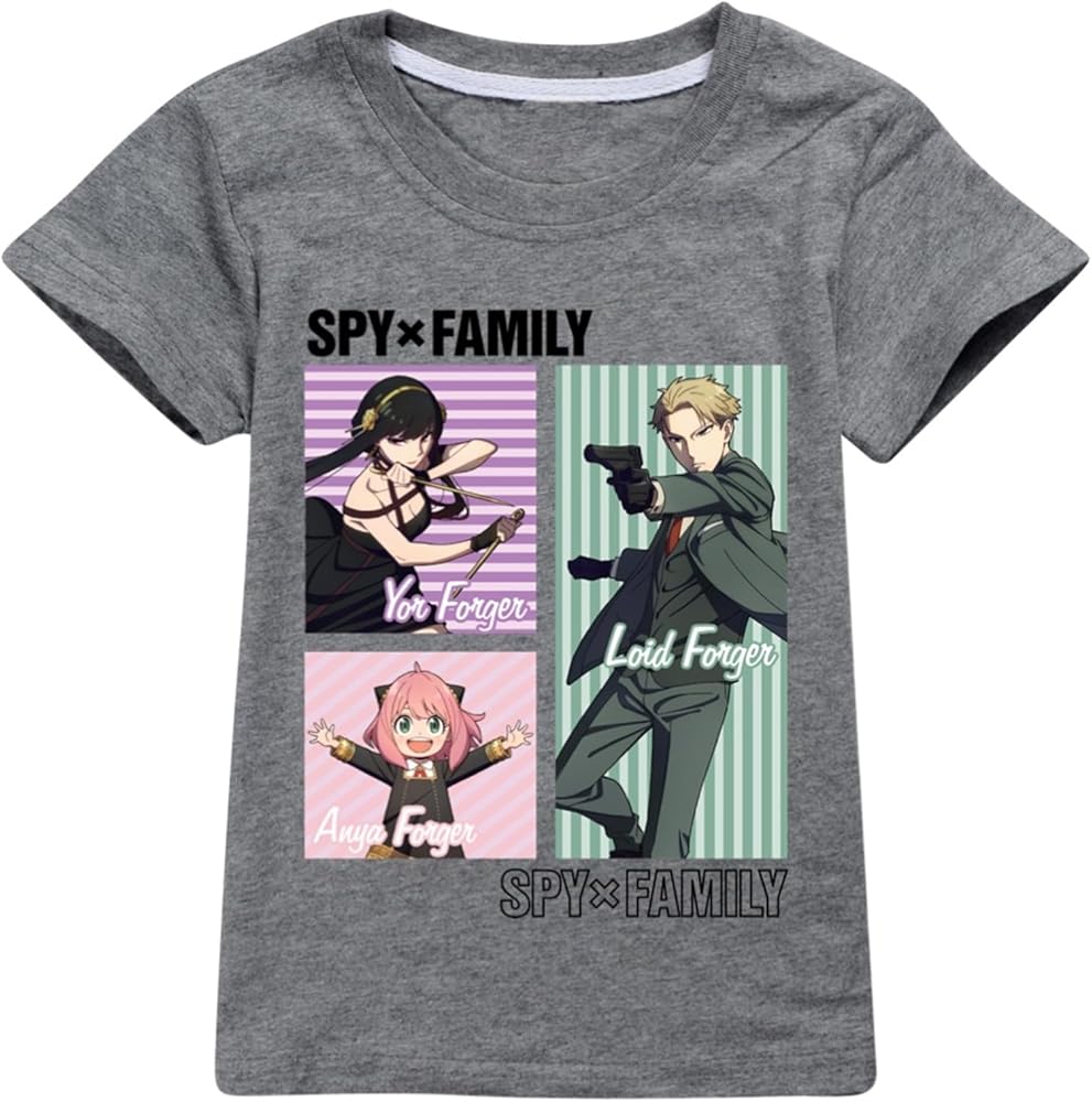 Toddler Boys Girls Spy Family Pullover Shirts Anime Daily Cozy Short Sleeve T-Shirt Round Neck Tops for Summer Dark Gray