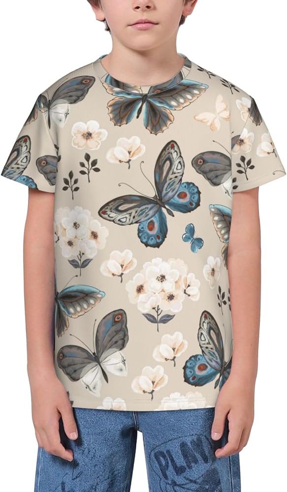 Flower Butterfly Teen Boys Short Sleeve Crew Neck T-Shirt Casual Tee Tops for Youth Kids