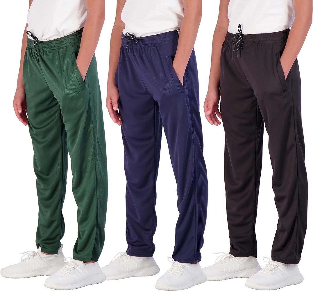 Real Essentials 3 Pack: Boys' Mesh Open Bottom Active Sweatpants with Pockets & Drawstring