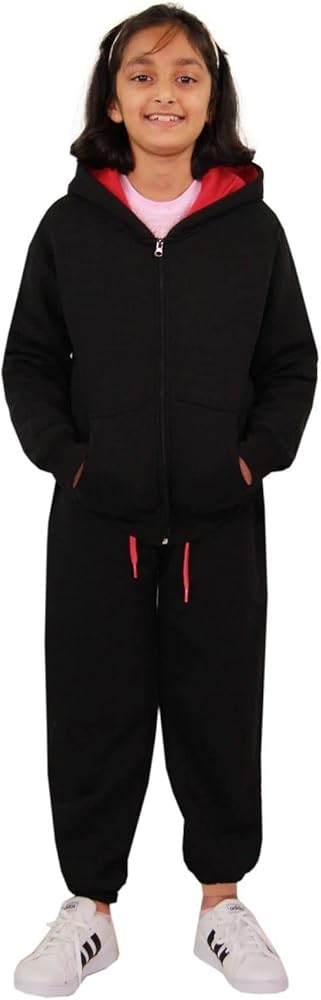 Plain Tracksuit Contrast Fleece Hoodie with Joggers - T.S Contrast Trim Black & Pink 9-10.