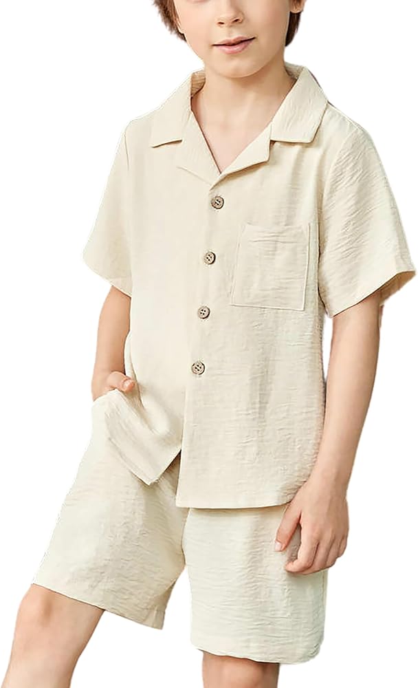 Arshiner Boys 2 Pieces Summer Beach Outfits Short Sleeve Button Down Shirts and Shorts Vacation Texture Sets for Kids