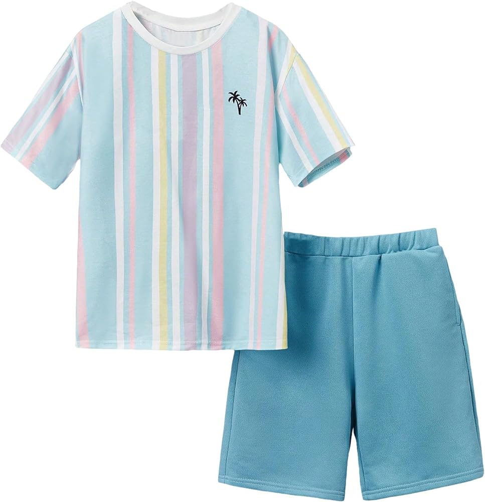 SOLY HUX Boy's Shorts Outfit Striped Tropical Print Short Sleeve T Shirts and Track Shorts Summer 2 Piece Set