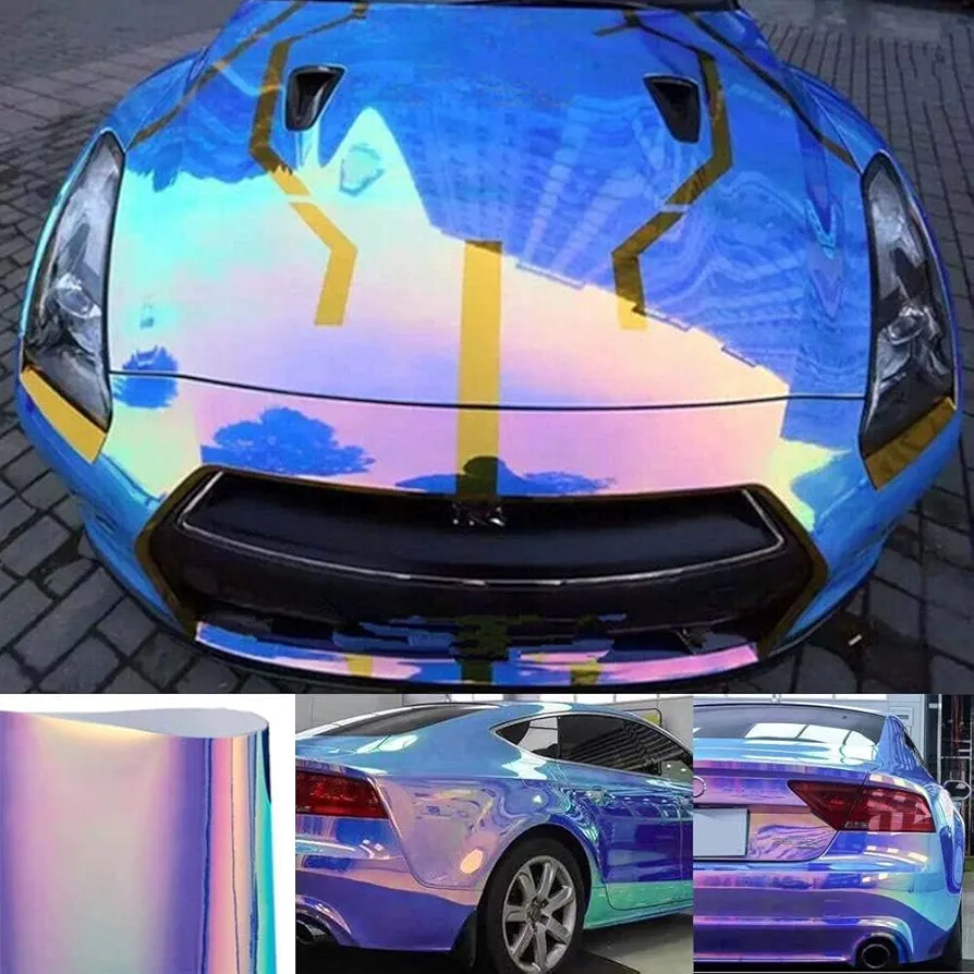 XhuangTech Holographic Rainbow Neo Chrome Vinyl Car Wrap Sticker Roll Adhesive Decal Film Sheet Air Bubble Free DIY (Laser Blue, Sample: 4 in x 6 in)