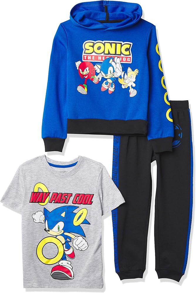 SEGA boys Sonic the Hedgehog Graphic Hoodie, T-shirt, & Jogger Sweatpant, 3-piece Athleisure Outfit Bundle Set - Boys 4-20