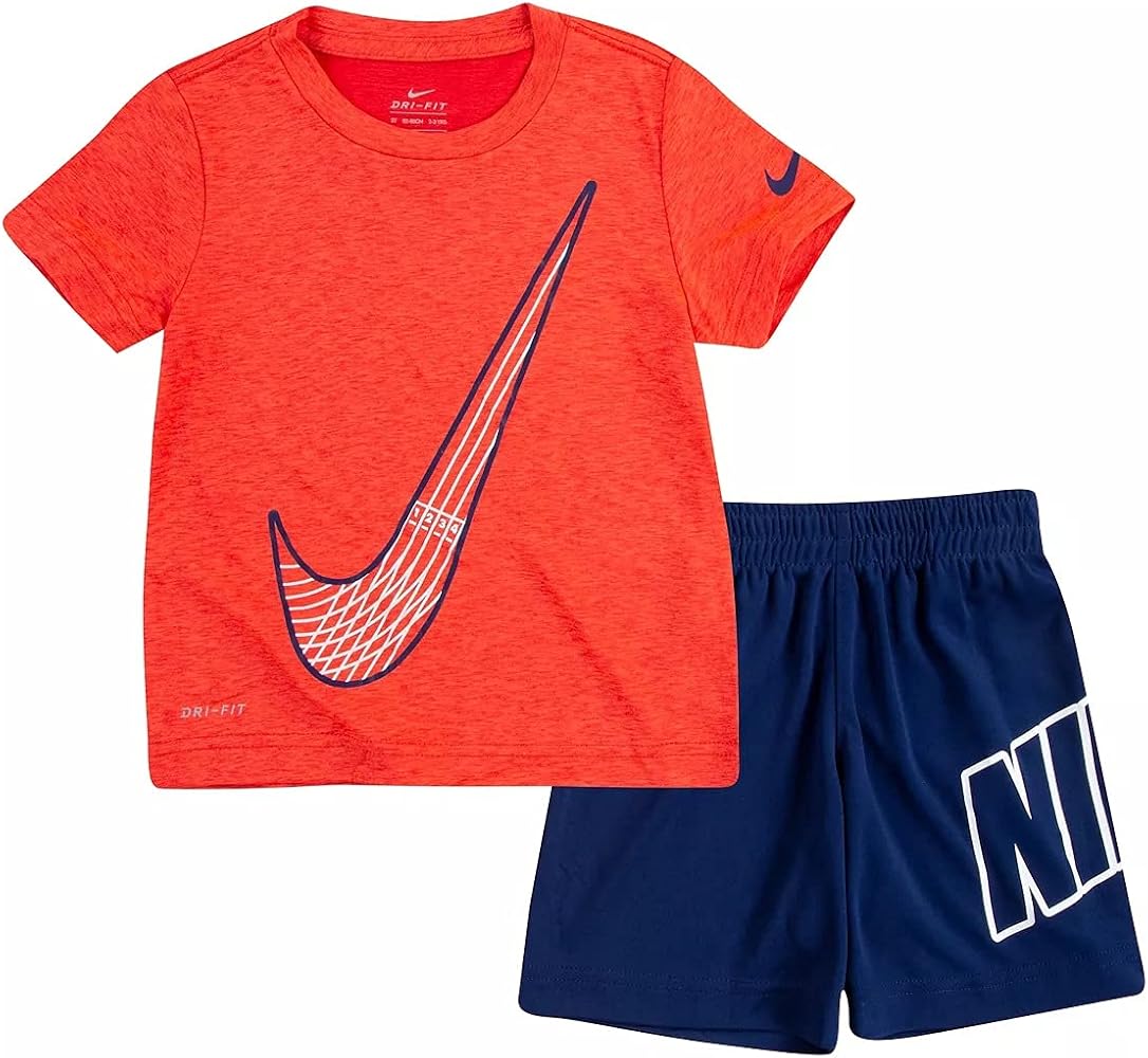 Nike Boy`s Dri-FIT Short Sleeve Dropsets T-Shirt and Shorts 2 Piece Set (Blue Void(86H365-U9J)/Red, 6)