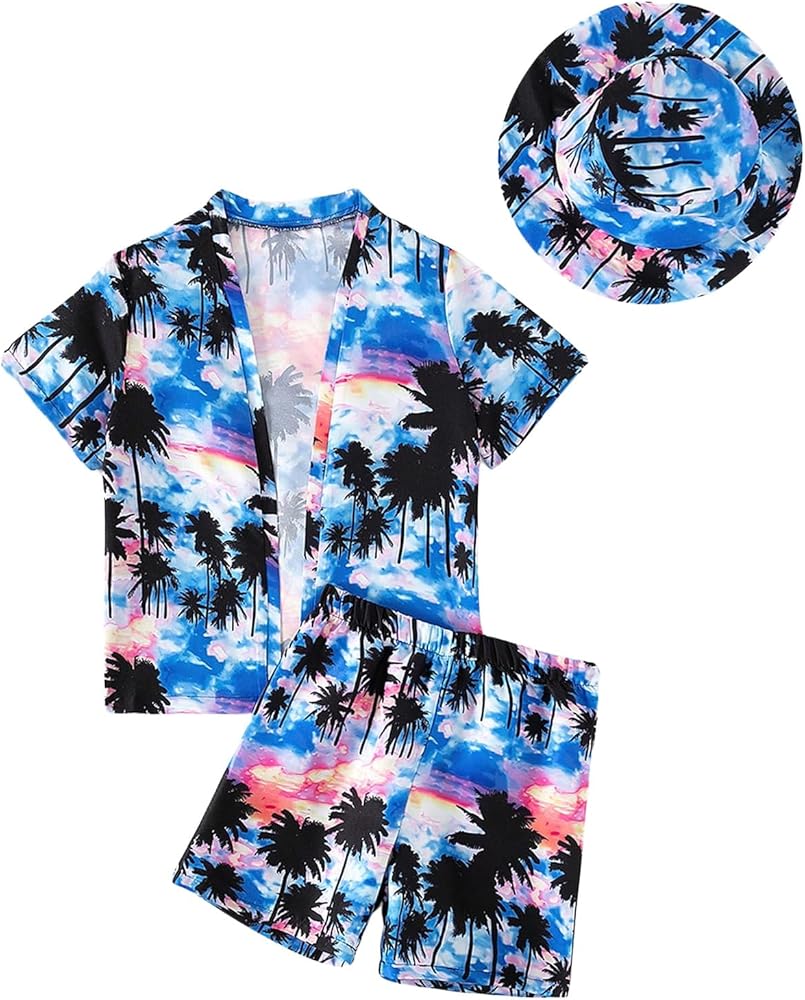 SOLY HUX Boy's Hawaiian Outfits Tropical Print Open Front Kimono Top Swim Trunks 3 Piece Sets