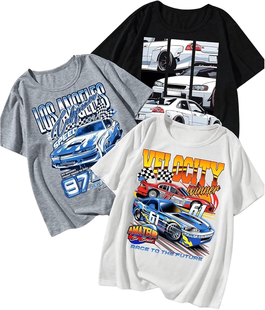 WDIRARA Boy's 3 Pack Set Graphic Print Round Neck Short Sleeve Tee Shirts Loose Fit Tank Tops