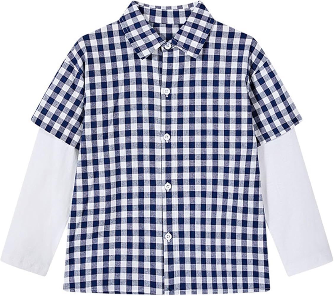 Kids Boys Girls Patchwork Long Sleeve Shirt Gingham Print Buttons Turn-Down Collar Stylsih Loose T Shirt Top