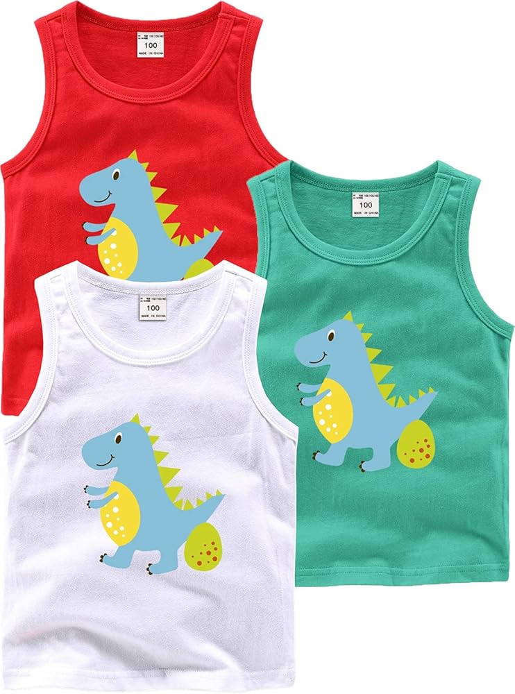 Little Boy Tank Tops Cami Shirts 3 Pack Summer Cotton Casual White Dinosaur Sleeveless Tee T-Shirts Tanks Set Size 6