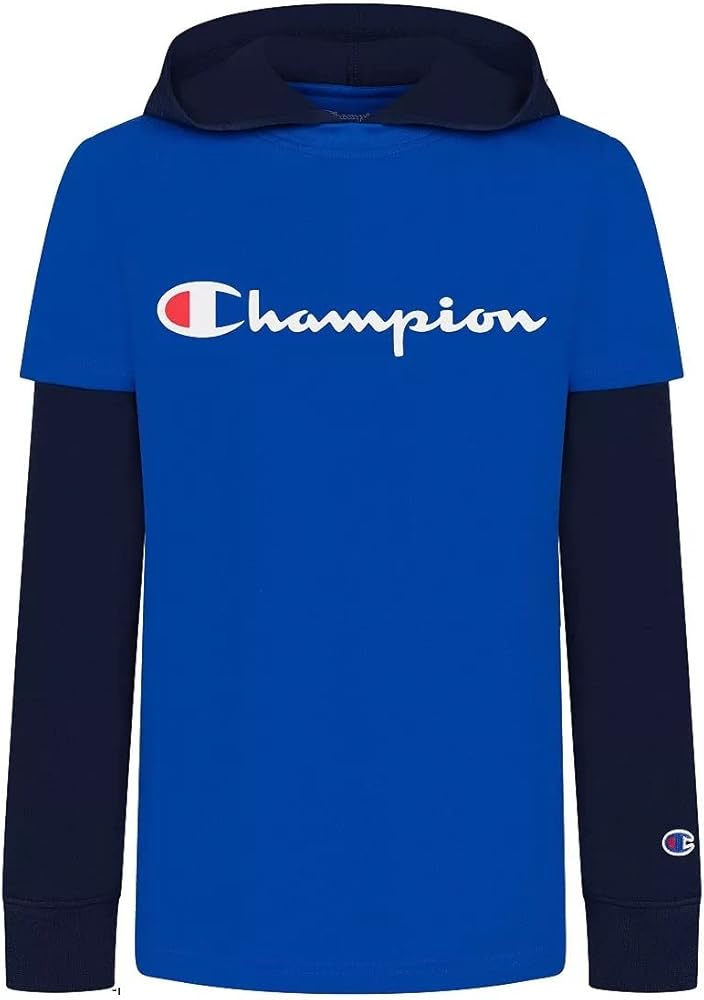 Champion Boys Long-Sleeve Classic Script Hooded Pullover T-Shirt/Tee (Bozetto Blue/Navy) (as1, alpha, x_l, regular)